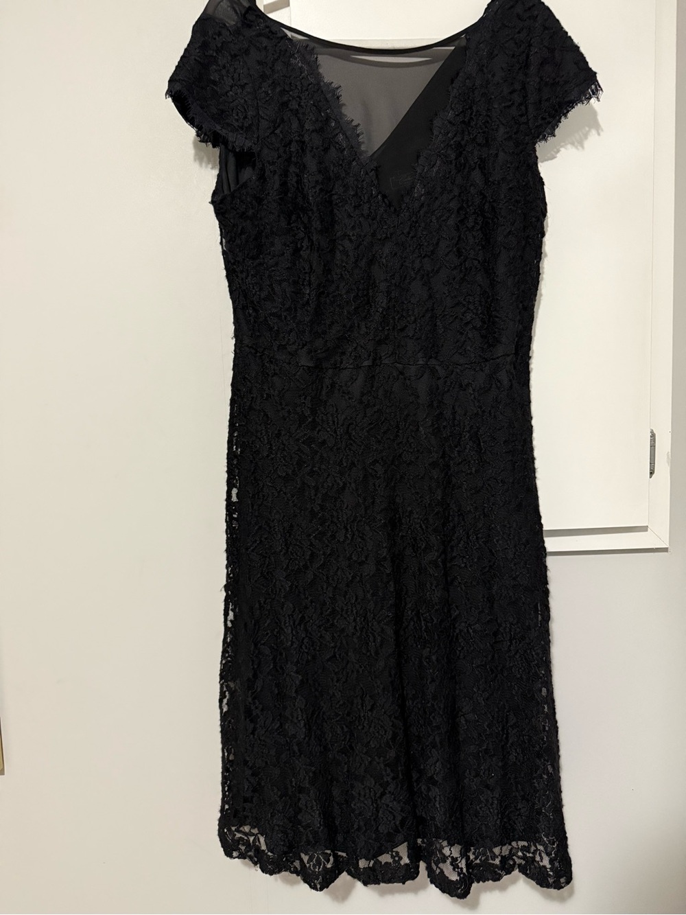 221. dressbarn Black Lace V-Neck Midi Dress with Cap Sleeves Illusion Neckline
